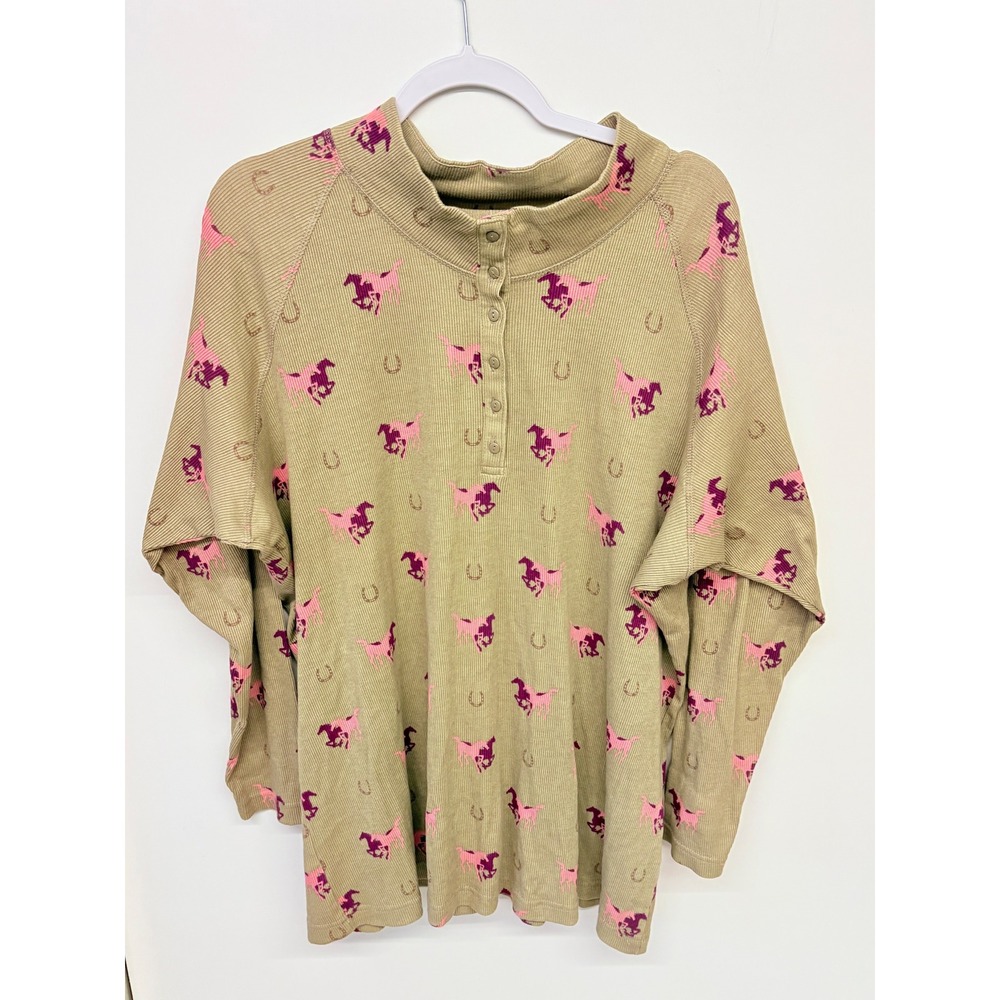 Bit & Bridle Western Horse Print Henley Top Women 2X Tan Pink Ribbed Equestrian